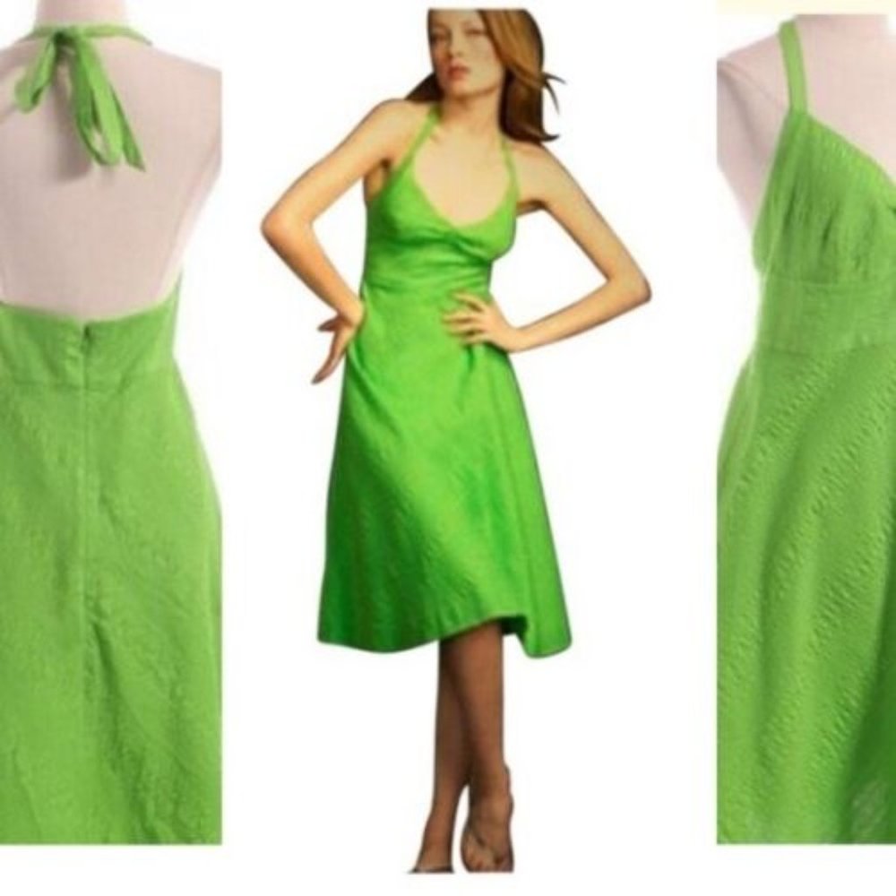 J Crew Lydia Lime Green Textured A-line Halter Dress, Fully Lined, Size 2